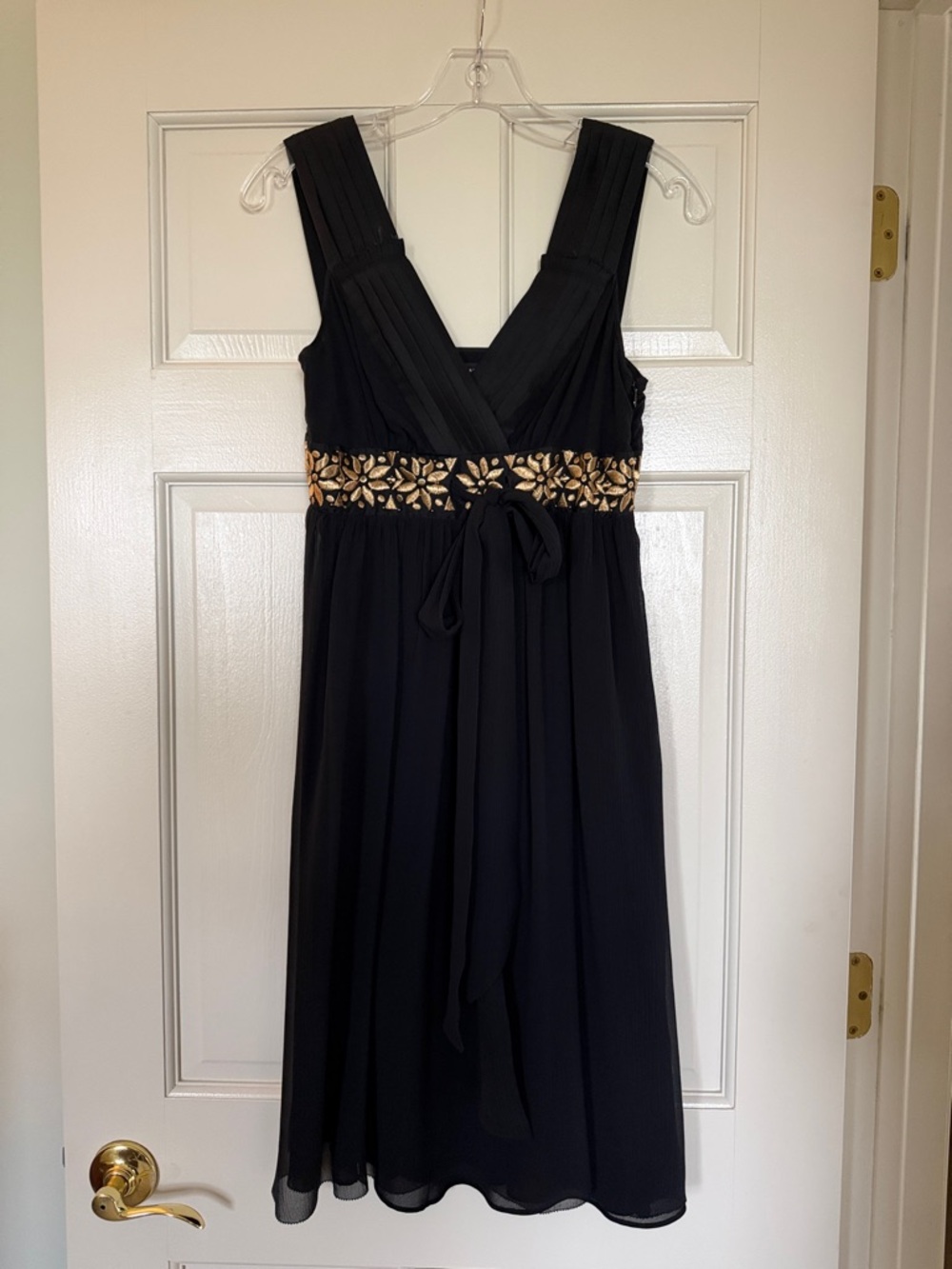Banana Republic Black Sleeveless V-Neck Dress with Gold Embellished Waist